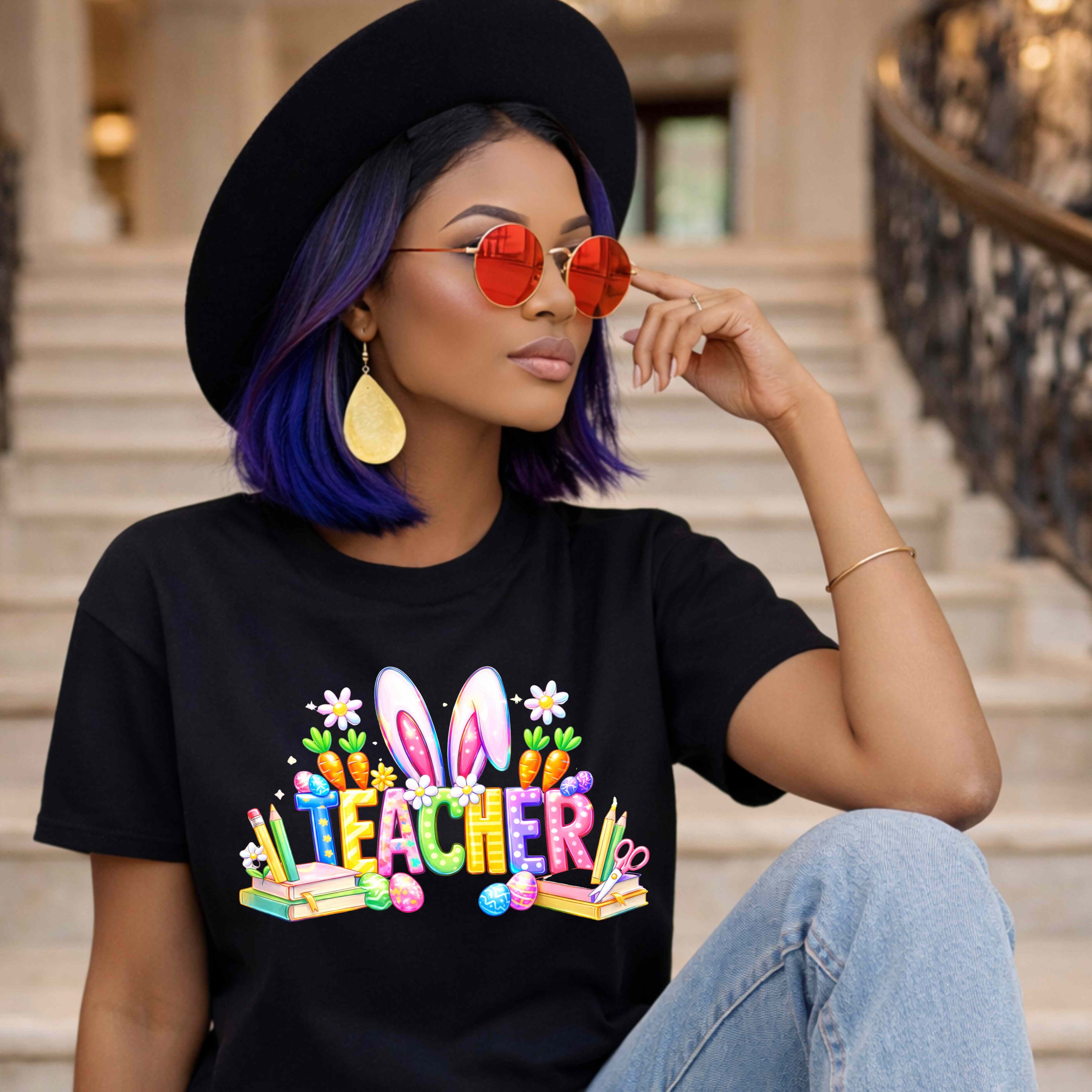 Cute Teacher easter bunny ears Canvas Ladies Relaxed Jersey Short-Sleeve T-Shirt